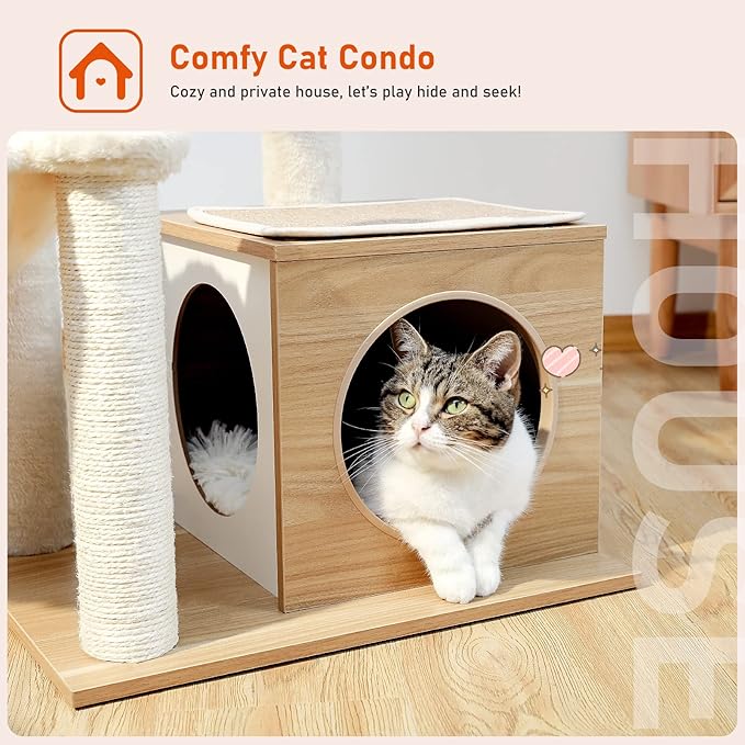 PEQULTI Cat Tree Modern Cat Tower for Indoor Cats,Multilevel Cat Play House with Large Condo, Spacious Hammock, Cozy Top Perch,Scratching Post and Dangling Balls