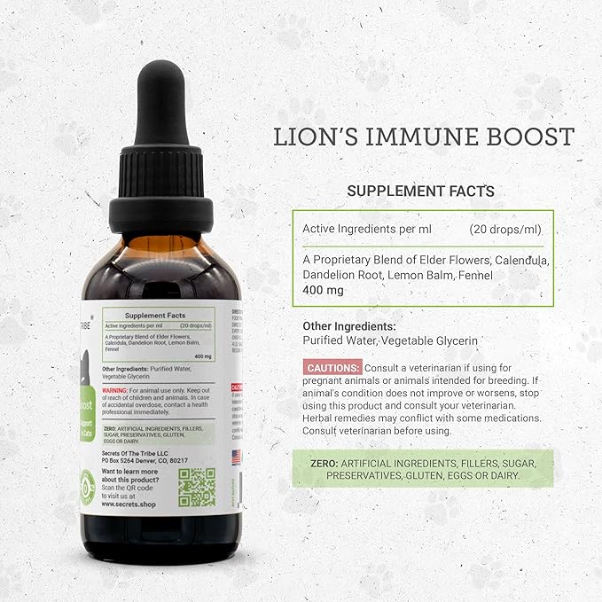 Lion's Immune Boost | Natural Herbal Dietary Supplement | Immune Support in Cats | Alcohol-Free Extract, Elder Flowers, Calendula, Dandelion Root, Lemon Balm, Fennel 2 oz