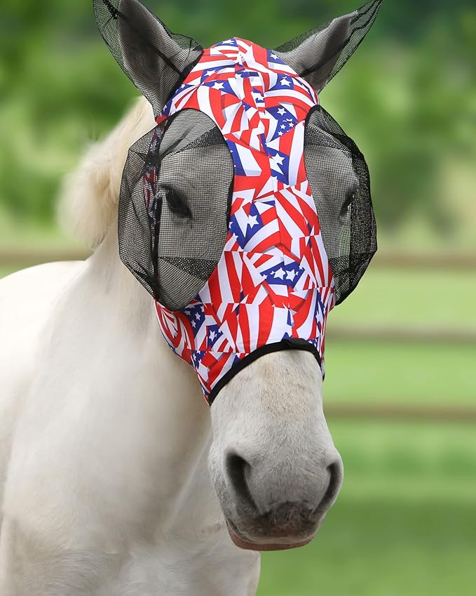 Harrison Howard Super Comfort Stretchy Fly Mask Large Eye Space with UV Protection Soft on Skin with Breathability Flag Grid M