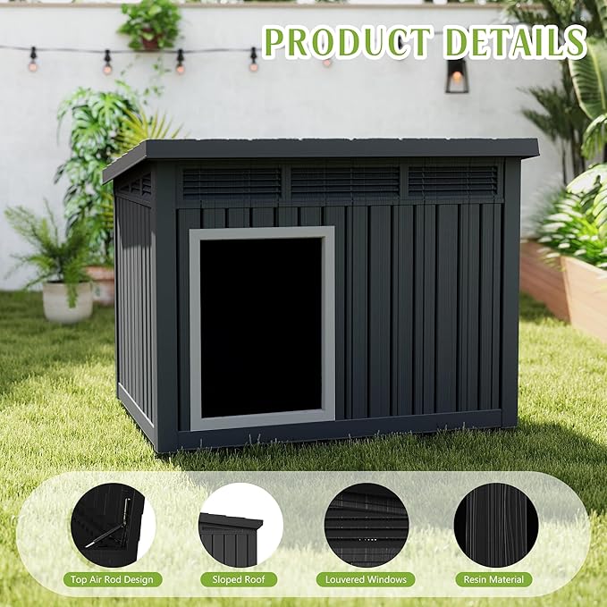 Dog House Indoor Outdoor,Resin Waterproof Puppy Shelter with Air Vents and Elevated Floor,Air Rod on Top to Open,Dog Kennel for Small to Large Dogs(Black,42.87 * 32.95 * 31.61)