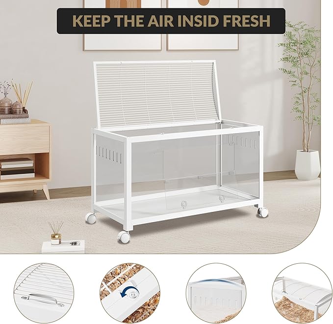 Large Metal Hamster Enclosure Rat Cage with 360 Viewing Acrylic Sides, Ventilated Front Door & Openable Top, Portable Hamster Tank for Guinea Pig, Chinchilla, Gerbil, 37.8''Lx18.5''Wx20''H White