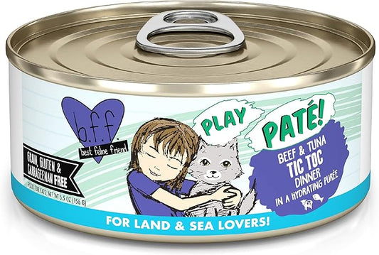 Weruva B.F.F. Play - Best Feline Friend Paté Lovers, Aw Yeah!, Beef & Tuna Tic TOC with Beef & Tuna, 5.5oz Can (Pack of 8)