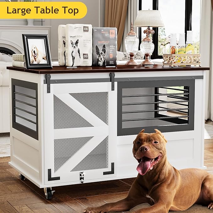 47 inch XL Dog Crate Furniture with Top-Access Teasing/Feeding Doors, Farmhouse Wooden Decorative Dog Crates with Wheels, Chew-Resistant Dog Crates End Table for Medium&Large Dogs, White