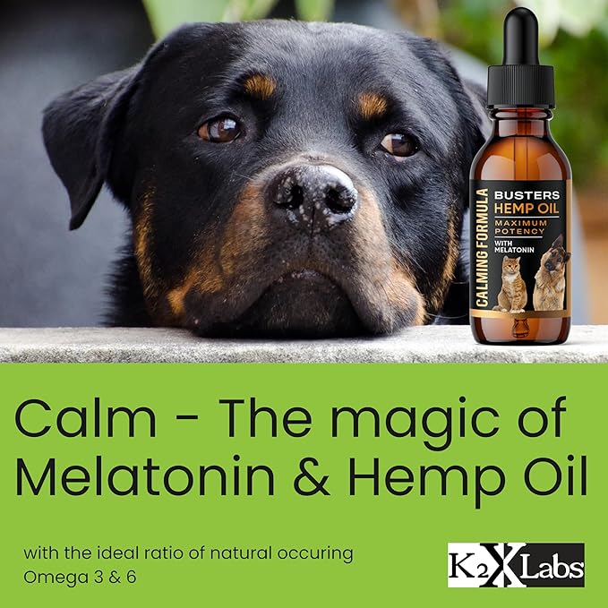 Busters Calming Hemp Oil, Enriched with Melatonin for Dogs, Cats, Pets, Sleep, WEL Being and an Ideal Omega Ratio, Adrenal and Cushings Support