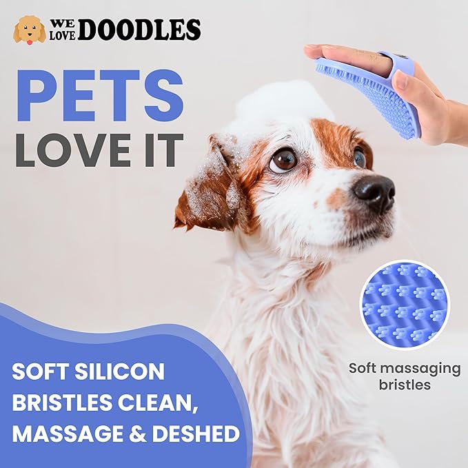 Dog Grooming Bath Brush, Pet Rubber Brush For Shower Scrubbing & Soothing Massage, Ideal for Long & Short Haired Dogs and Cats, Essential Puppy Grooming Accessories, Short Pins [We Love Doodles]