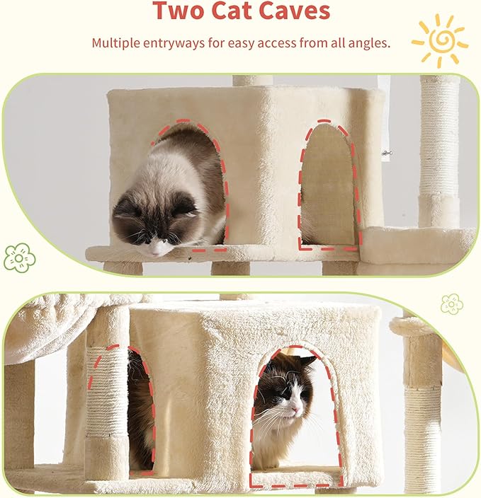Hey-brother Cat Tree Tower, Scratching Posts with a Extended Part, Wide Platforms, Cozy Condos, Hammocks, Sisal Columns and Ball for Indoor Cats, 70.1 Inches, Beige MPJ038M