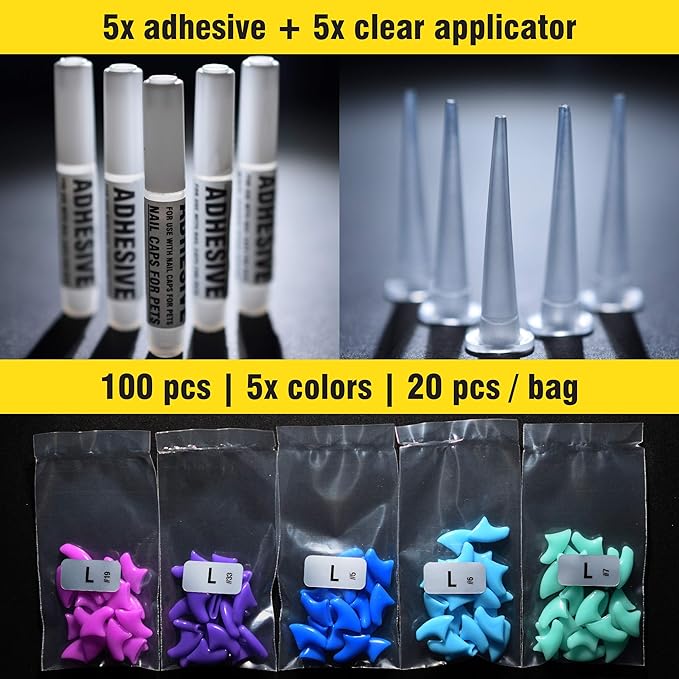 zetpo 100 pcs Cat Nail Caps | Cat Claw Covers | with Adhesives and Applicators (L, Purple, Violet, Blue, Sky Blue, Turquoise)