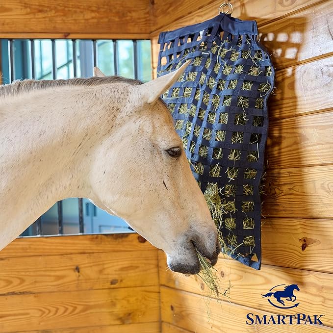 SmartEquine Slow Feed Hay Bag for Horses | Hay Feeder Net with Resistant Nylon | Gator Mouth Enclosure for Easy Loading | Fits 10-15 lbs of Hay | 4 Flakes Bag | 37" x 30" | Navy Blue | 2" Holes