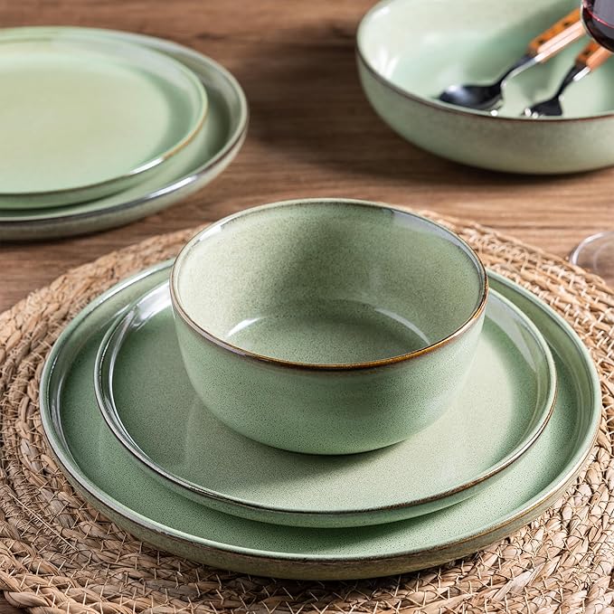 GBHOME Ceramic Dinnerware Sets for 6, 18 Pieces Stoneware Plates and Bowls Sets, Scratch Resistant Dishes, Dishwasher & Microwave Safe-Pastel Green