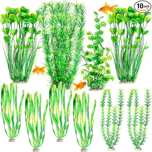 10 Pcs Large Aquarium Artificial Plants Decorations, Tall Plastic Fish Tank Plant Decorations for Household and Office Aquarium (Green)
