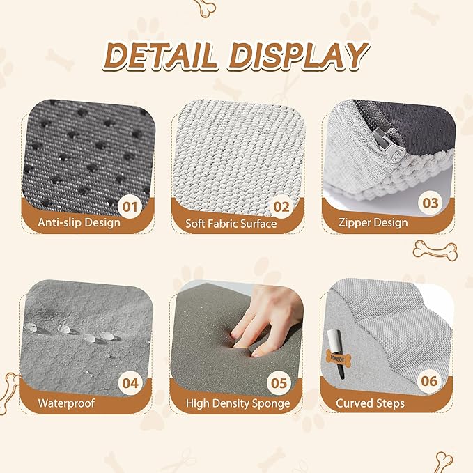 Romrol Dog Stairs Ramp for High Beds Couches, High Density Foam Pet Steps with Durable Non-Slip Waterproof Fabric Cover, Dog Stairs for Small Dogs or Cats or Pets, 3-Step,15 Inch,Light-Grey