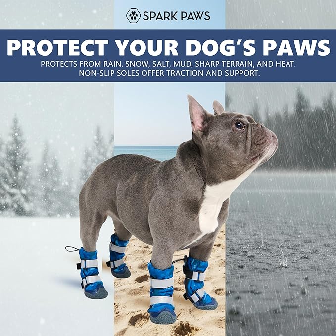 Spark Paws Dog Shoes, Waterproof Dog Boots for Medium to Large Dogs, Non Slip, Breathable Dog Booties and Paw Protectors - 4PCS Doggie Hiking Boots with Reflective Straps, Blue Camo, Size 5