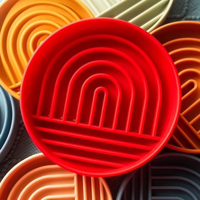 The Slowdown Bowl Silicone Slow Feeder for Dogs & Puppies, Slow Eating, Modern Lick Mat Design, Reduces Gulping, Fits 2 Cups 7.5” Across x 1.5” Tall, Mealtime Challenge, Medium-Cherry