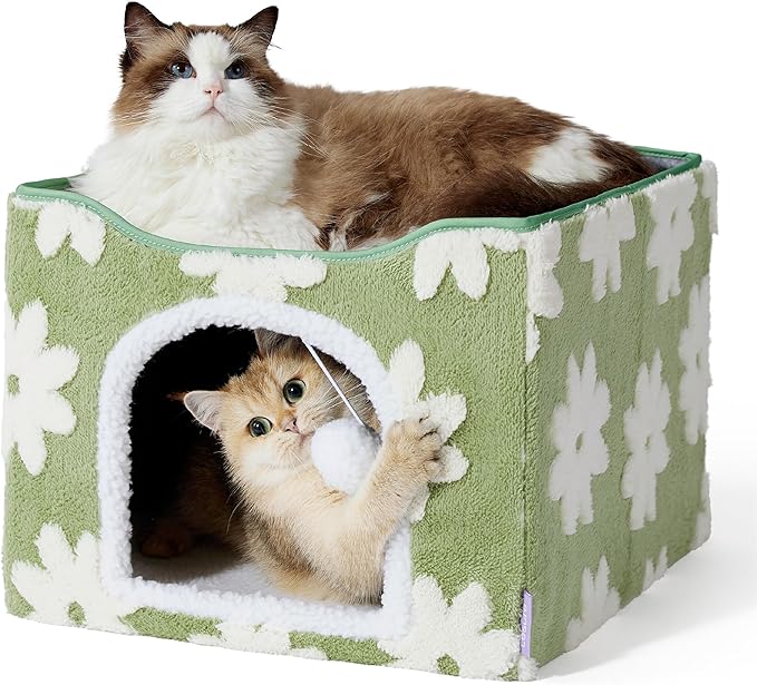 Lesure Indoor Cat Beds Kitten House - Large Cat Cave for Pet Cube with Fluffy Ball Hanging, Foldable Small Animal Hideaway, 16.5x16.5x13 inches, Flower Garden Green