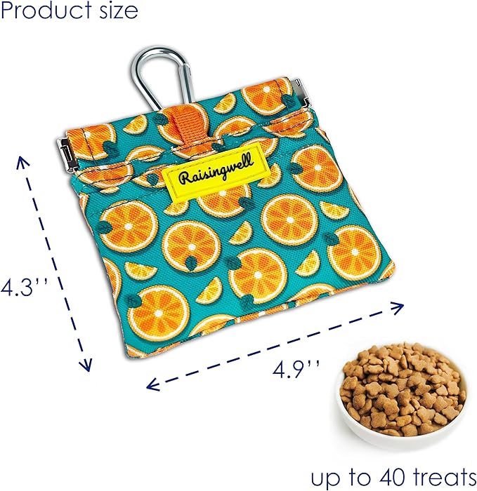 Dog Treat Pouch,Cotton Pocket Sized Training Holder, Hand Free Walking Funny Bag with Carabiner, Self-Closing Pet Feed Snack Reward, Behavior Aids for Puppy Travel or Outdoor Use（Fruit Orange）