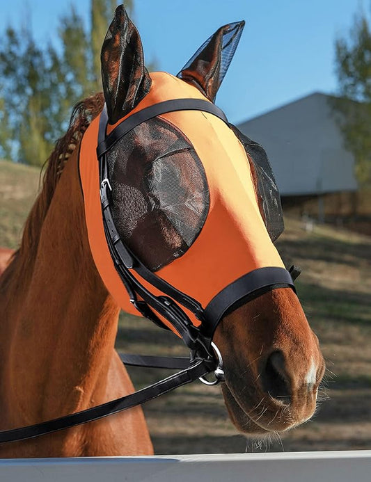 Horse Fly Mask with Ears, UV Protection Mask for Horses, Elasticity Mask with Big Mesh Eye Covers, Snug Fitting Comfortable Lightweight Red Orange Cob