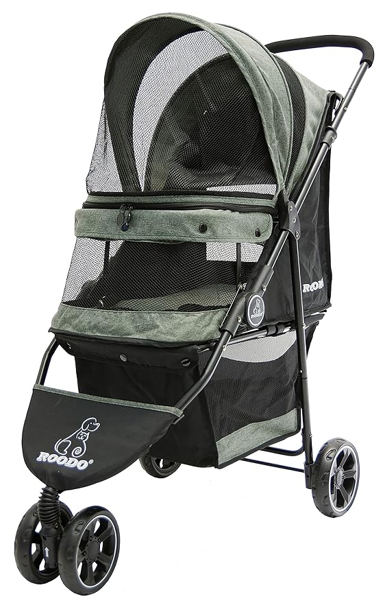 ROODO 3 Wheel Dog Pet Cat Stroller Best Lightweight Foldable Compact Portable Jogger All Terrain Travel Pet Gear Puppy Kitty Stroller for up to 30lbs Medium Small Dogs and Cats(Cationic ash)