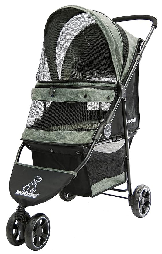 ROODO 3 Wheel Dog Pet Cat Stroller Best Lightweight Foldable Compact Portable Jogger All Terrain Travel Pet Gear Puppy Kitty Stroller for up to 30lbs Medium Small Dogs and Cats(Cationic ash)