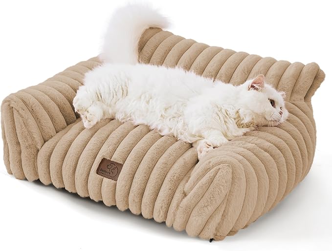Bedsure Cute Cat Couch for Pets - Fluffy Cat Sofa with Premium Soft Corduroy Fleece, Fuzzy Pet Couch Bed with Removable Washable Cover, Supportive Pet Chair for Indoor Cats, 24inch, Tuscan Beige