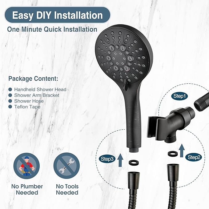 BRIGHT SHOWERS High Pressure Shower Head with Handheld, 9 Spray Settings Showerhead Built in Power Wash to Clean Tub and Pets, Extra Long 69" Hose, Adjustable Bracket, Oil-Rubbed Bronze