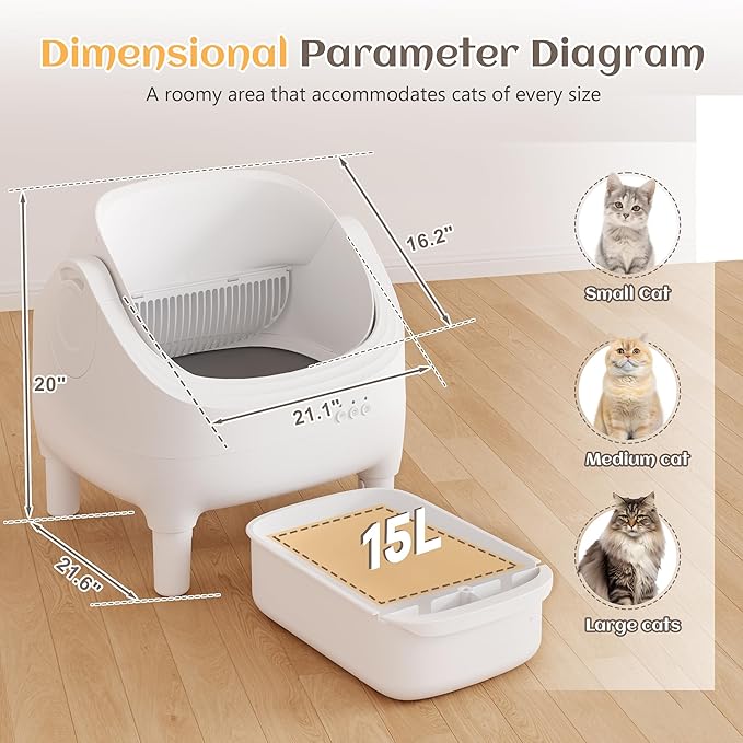 Greesum Automatic Self-Cleaning Litter Box for Cats - Open-Top Design, Easy Odor Control, Smart APP Control, 15L Large Waste Bin, Includes Trash Bags & Mat (White)