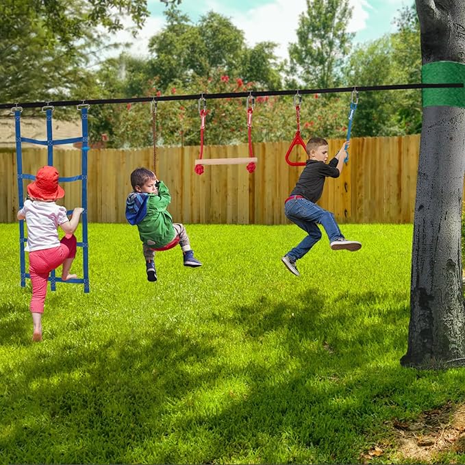Slsy Ninja Warrior Obstacle Course for Kids, 50FT Durable Ninja Slackline Kit with 8 Complete Accessories, Playset Equipment with Swing, Climbing Net, Ladder & Monkey Bars (8 Obstacles)