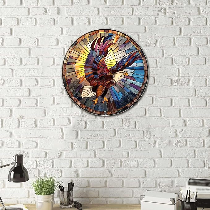 Lygond Metal Sign Tin Sign Circular Stained Glass Eagle Kitty Decor For Pet 8×8 Inches