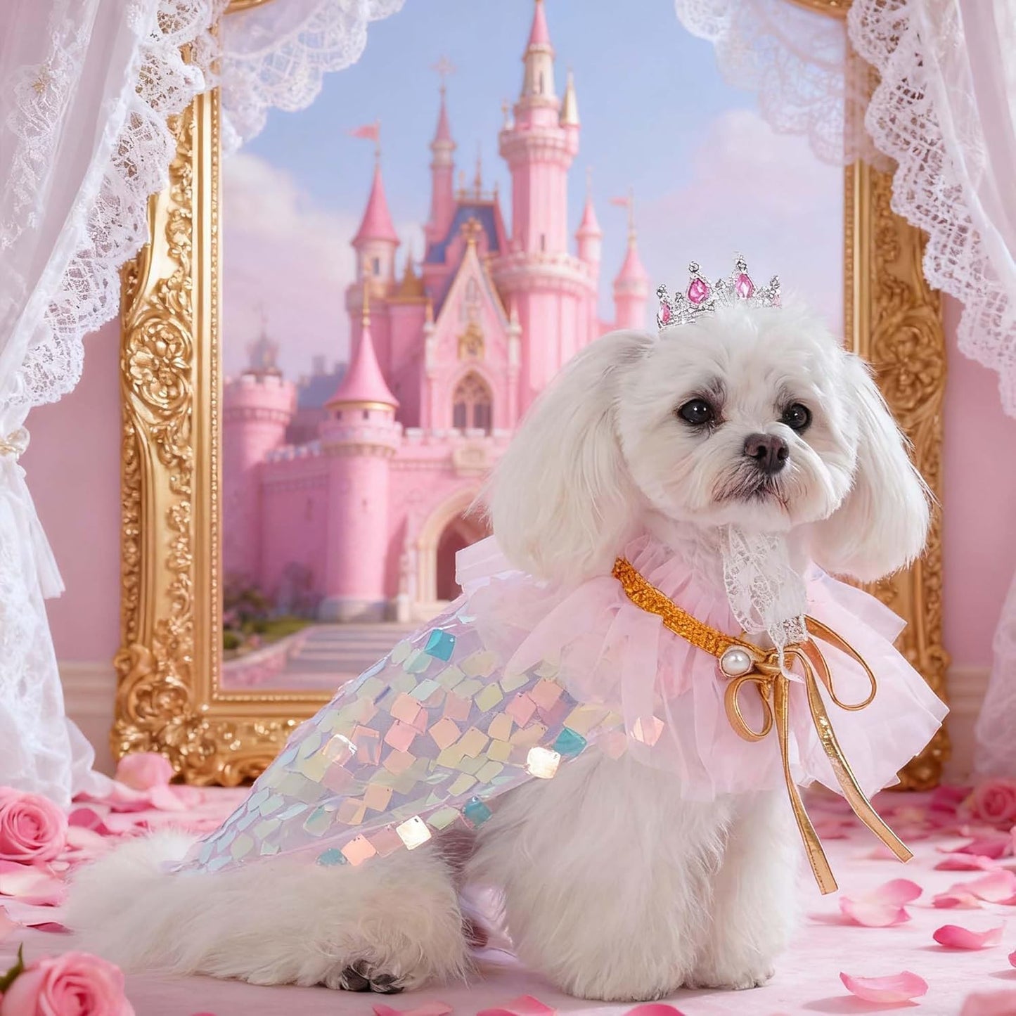 Dog Princess Dress Costume with Rhinestones Crown,Pet Cat Cape Cloak Birthday Party Wedding Dress Up Outfits,Rainbow Mermaid Halloween Costume Clothes (X-Small to X-Large)