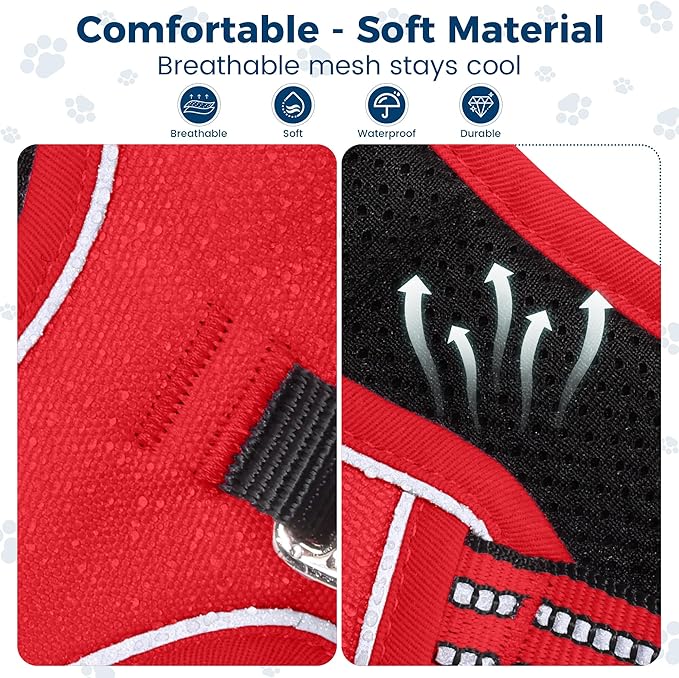 Funfox Dog Harness No Pull, Adjustable Pet Vest Harness, Super Soft Material with Vertical Handle Easy Control, Reflective Night Walking, 2 Leash Clips for Medium Sized Dogs, Red, M