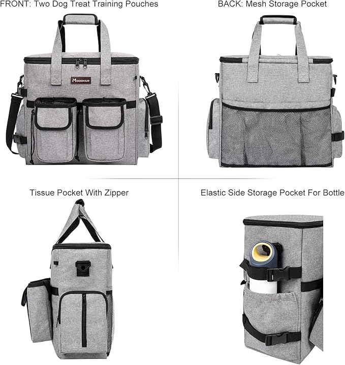 Airline Approved Dog Travel Bag with 2 Dog Treat Training Pouches, Tote Organizer for Weekend Pet Travel Supplies & Accessories, 2 Collapsible Bowls, 2 Food Container (Grey)