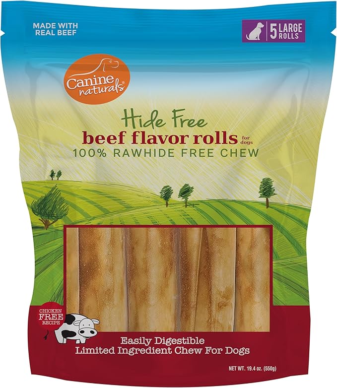 Canine Naturals Beef Chew - Rawhide Free Dog Treats - Made with Real Beef - Poultry Free Recipe - All-Natural and Easily Digestible - 5 Pack of 7 Inch Large Rolls for Dogs 50-75lb