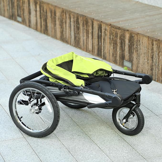 PawHut Dog Stroller, Pet Stroller 3 Wheels with Easy One-Hand Fold, Rubber Wheels, Storage Bag, Soft Cushion, Safety Leash, for Small & Medium Dogs, Yellowish Green