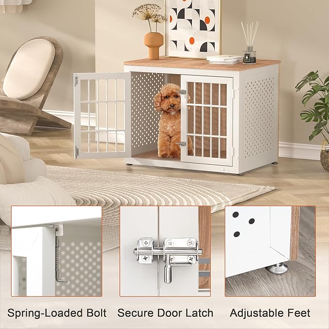 32" Heavy Duty Dog Crate Furniture for Small and Medium Dogs, Metal Kennel for High Anxiety Dogs, Chew Proof Pet Cage Indoor, Decorative Dog Kennel End Table, White