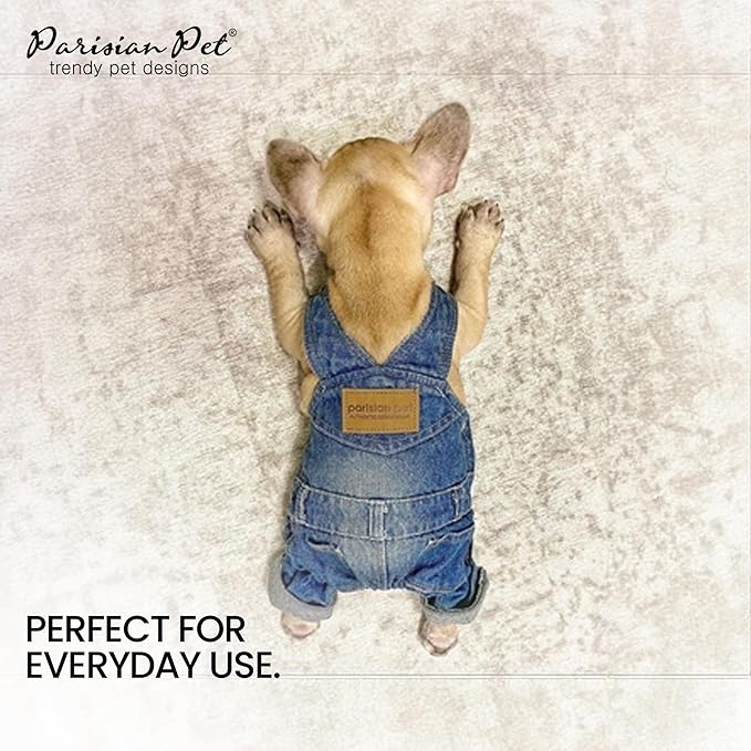 Parisian Pet Denim Overall - Blue Dog Jeans Outfit - Breathable Puppy Jumpsuit Costumes - Machine Washable Overall for Dogs - Dog Clothes for Small Dogs - S