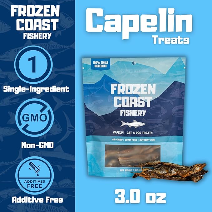 Frozen Coast Capelin Cat & Dog Treats- Single-Ingredient, All-Natural, High-Protein, Omega-3s, Fish Snacks (3 oz Bag)