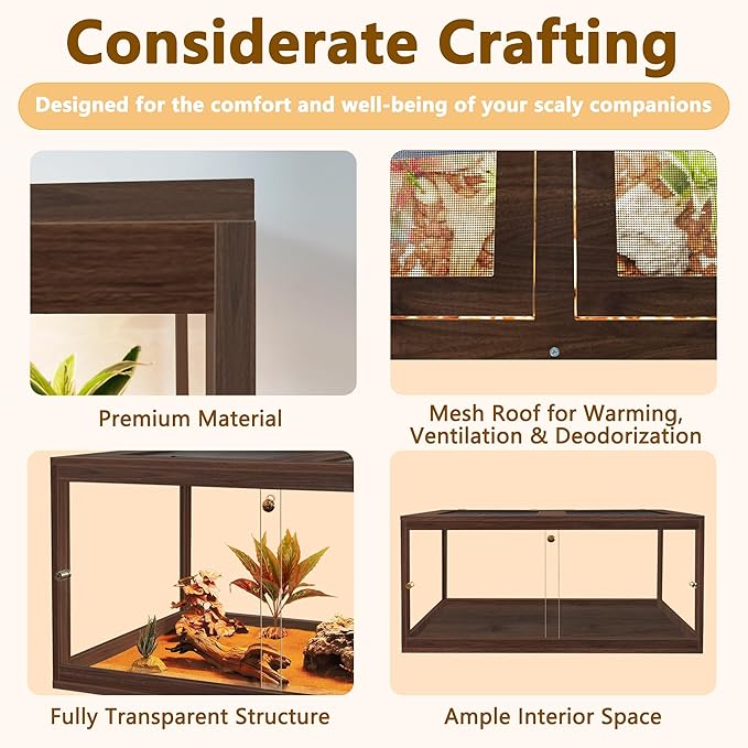 Bearded Dragon Tank,81 Gallon Reptile Tank with Meatl Mesh Roof and Front Sliding Door, Anti-Scratch Lizard Tank,Spacious Reptile Enclosure for Snakes,Lguanas, Chameleons(Walnut)