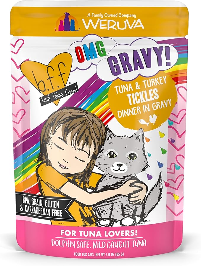 Weruva B.F.F. OMG - Best Feline Friend Oh My Gravy!, Tuna & Turkey Tickles with Tuna & Turkey in Gravy Cat Food, 3oz Pouch (Pack of 12)