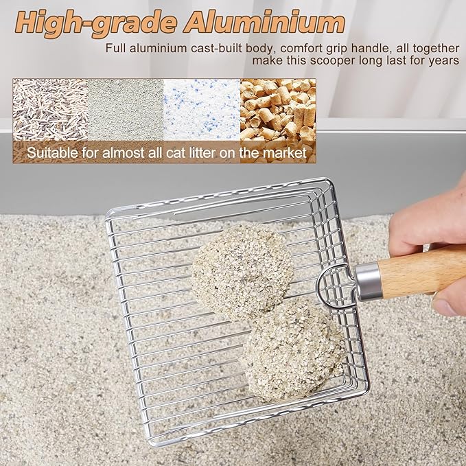 Metal Cat Litter Scoop with Holder, Poop Scooper with Stand and 2 Rolls of Garbage Bags, Heavy Duty Stainless Steel Shovel with Wooden, Quick Sifter for Easy Cleaning (Long handle-9.8" with Holder)