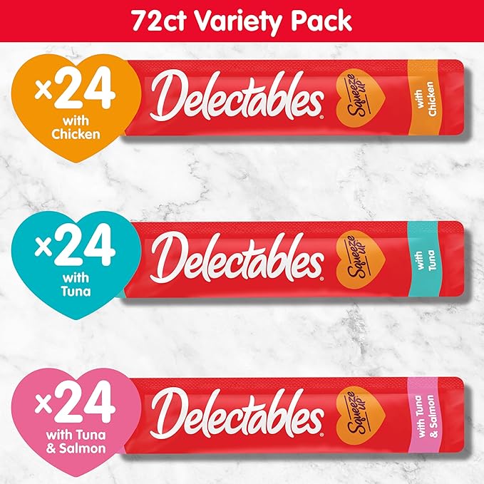 Delectables Squeeze Up Variety Pack, Creamy Squeezable Puree, Lickable Wet Cat Treats, Grain Free, No Added Fillers, No by-Products, No Added Preservatives, 0.5 Ounces Tube, 72 Tubes Total