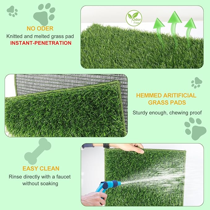 MEEXPAWS Dog Grass Pad With Tray/Foldable Liner Base Large, Litter Box Artificial Pee Pad for Indoor Potty, Odor Free Instant-Penetration Hemmed Edge, 2 PCS Reusable