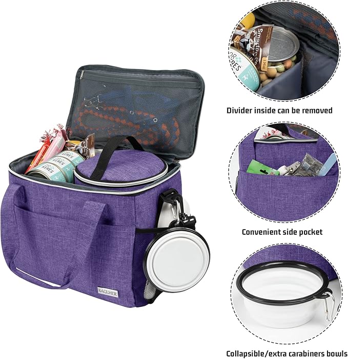 BAGLHER Dog Travel Bag Backpack Pet Supplies Backpack 5-Piece Set with Shoulder Strap 2 Lined Pet Food Containers 4 Foldable Feeding Bowls Essential Kit for Pet Travel