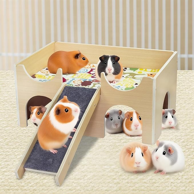 Large Guinea Pig Hideout, Sturdy Wooden Guinea Pig House, Small Animal Toys Accessories Bed Hut Habitats with Ramp and Mat, Easy to Install for Hamsters Bunny Rabbit Playing Hiding