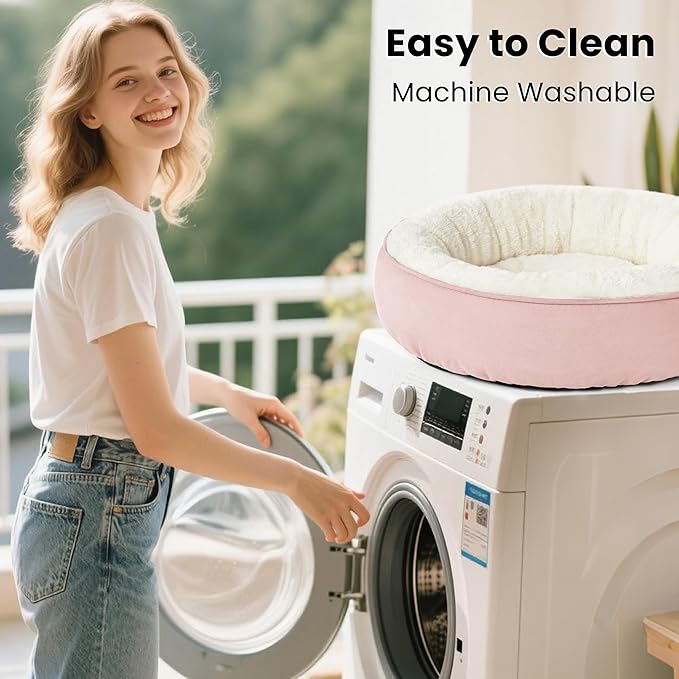 Love's cabin Round Donut Cat and Dog Cushion Bed, 25in Pet Bed for Small or Medium Dogs, Anti-Slip & Water-Resistant Bottom, Soft Durable Fabric Pet Beds, Washable Calming Cat & Dog Bed Pink