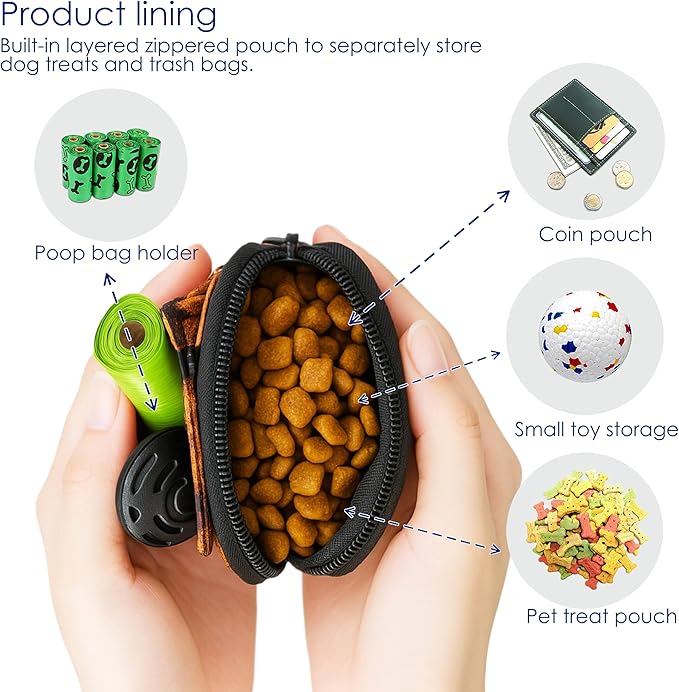 Dog Treat Pouch for Pet Walking and Training with Clicker Poop Bags and Double Bag Design Small Fanny Zipper Pack Holder for Puppy Snack Dispenser Kit for Leash and Outdoor Use Leopard Print