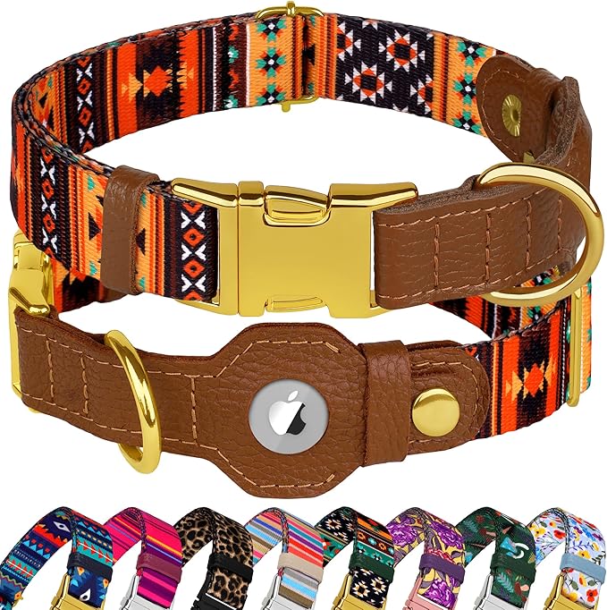 AirTag Dog Collar for Small Medium Large Breed - Adjustable Cute Pattern Dog Collar with Airtag Holder - Soft Leather Tracker GPS Apple Air Tag Pet Collars (Medium, 14"-18" Neck Fit, Western)
