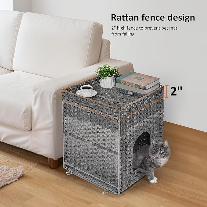 Cat Litter Box Enclosure with Soft Litter Mat; Hidden Kitten Washroom Furniture with Door; Handwoven Rattan Cat House; Pet Crate for Living Room, Bedroom, Balcony (Grey)