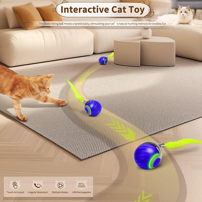 Speedy Tail 2.0 Interactive Cat Toy – Smart Self-Rolling Cat Ball with Feather Tail, Automatic Moving Motorized Toy for Indoor Cats, Chasing & Hunting Fun (Blue)