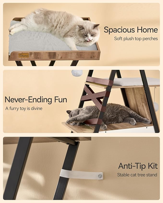 FourFurPets 72.4" Cat Tree, Modern Cat Tower for Indoor Cats, Multi-Level Cat Condo with Caves, Tall Cat Tree with Cat Scratching Board, Wooden Cat Tower with Large Perch, Removable Pads, Camel Brown