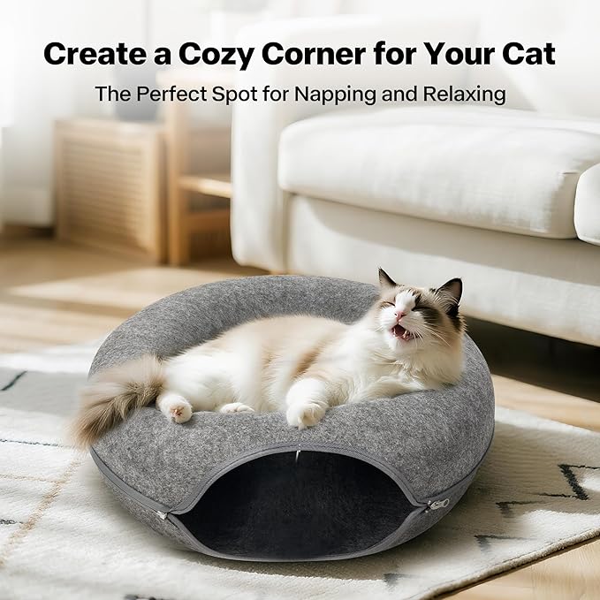 Pawise Peekaboo Cat Cave Donut Tunnel Bed, Cat Tunnel Bed,Bonus Separate Pom-Pom Bell Toy (Not Attached to Cave),Convertible Felt Cats Cave for Indoor Catty(Large)