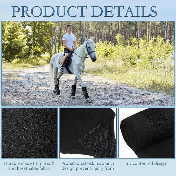 Set of 4 Horse No Bow Bandage 3D Contoured Standing Wrap Bandages Stable Nylon Horse Leg Wraps for Helping Prevent Horse from Tendon Damage and Keep Horses Clean and Safe (Black)